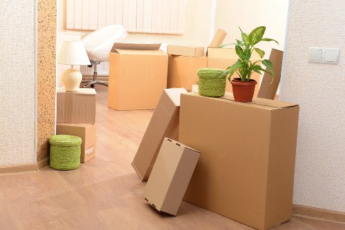 Office furniture and boxes prepared for a commercial move